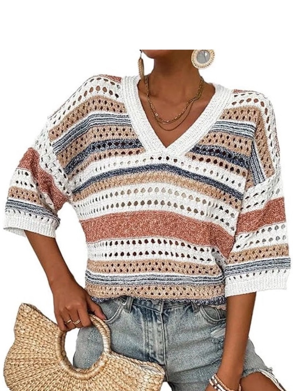 V-Neck Crochet Stripe Sweater - White & Tan. Size Large